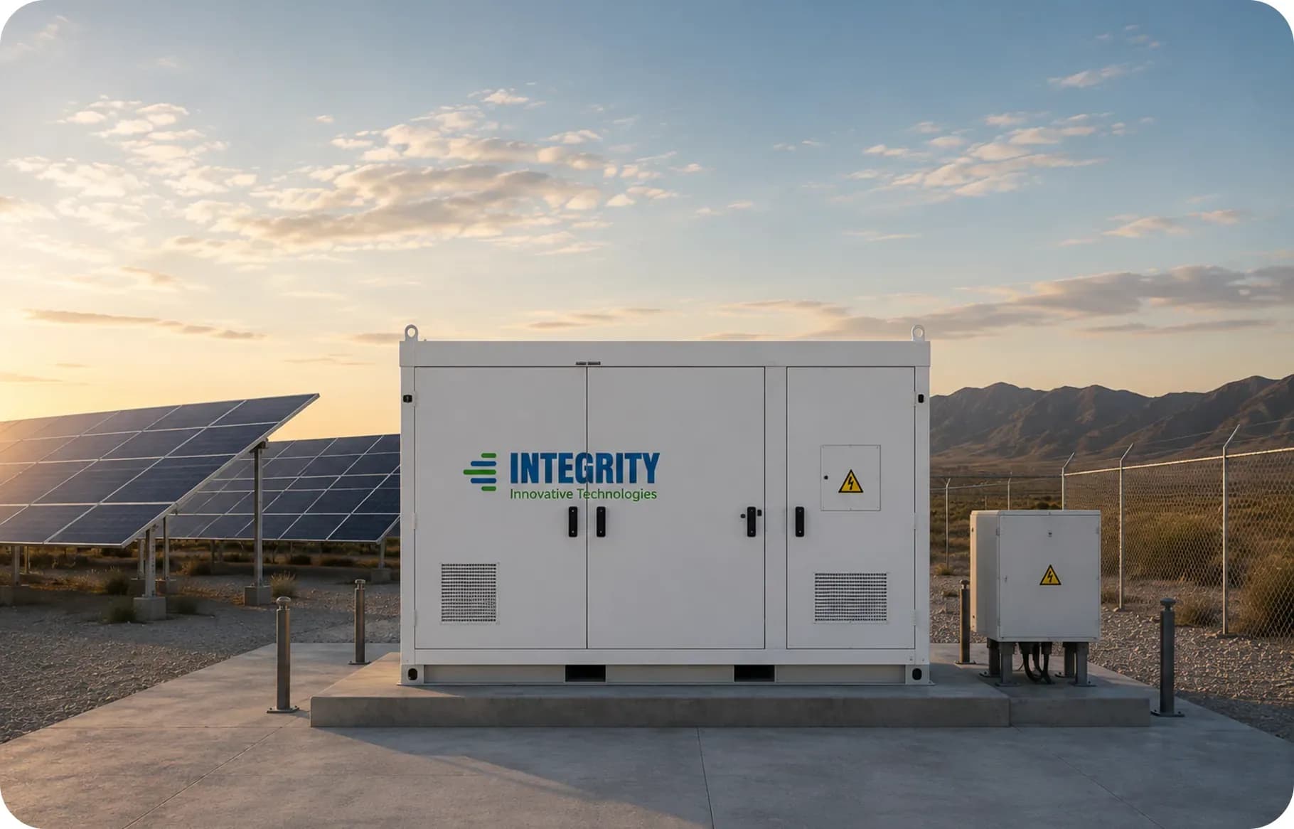A white outdoor battery storage cabinet on a concrete pad at dusk with mountains behind it