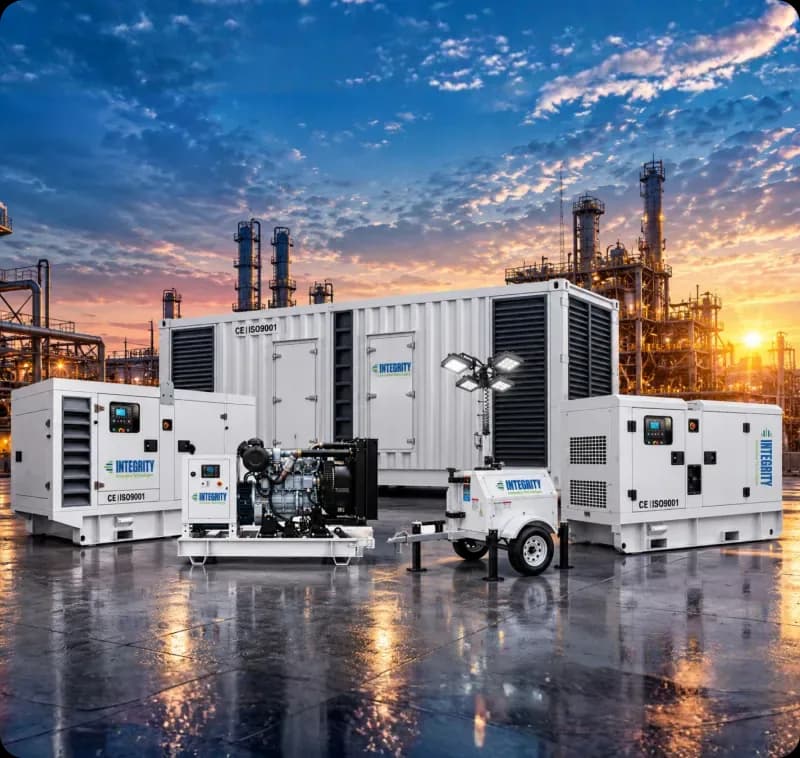 Row of white industrial diesel generator units and a mobile light tower on a refinery yard at dusk