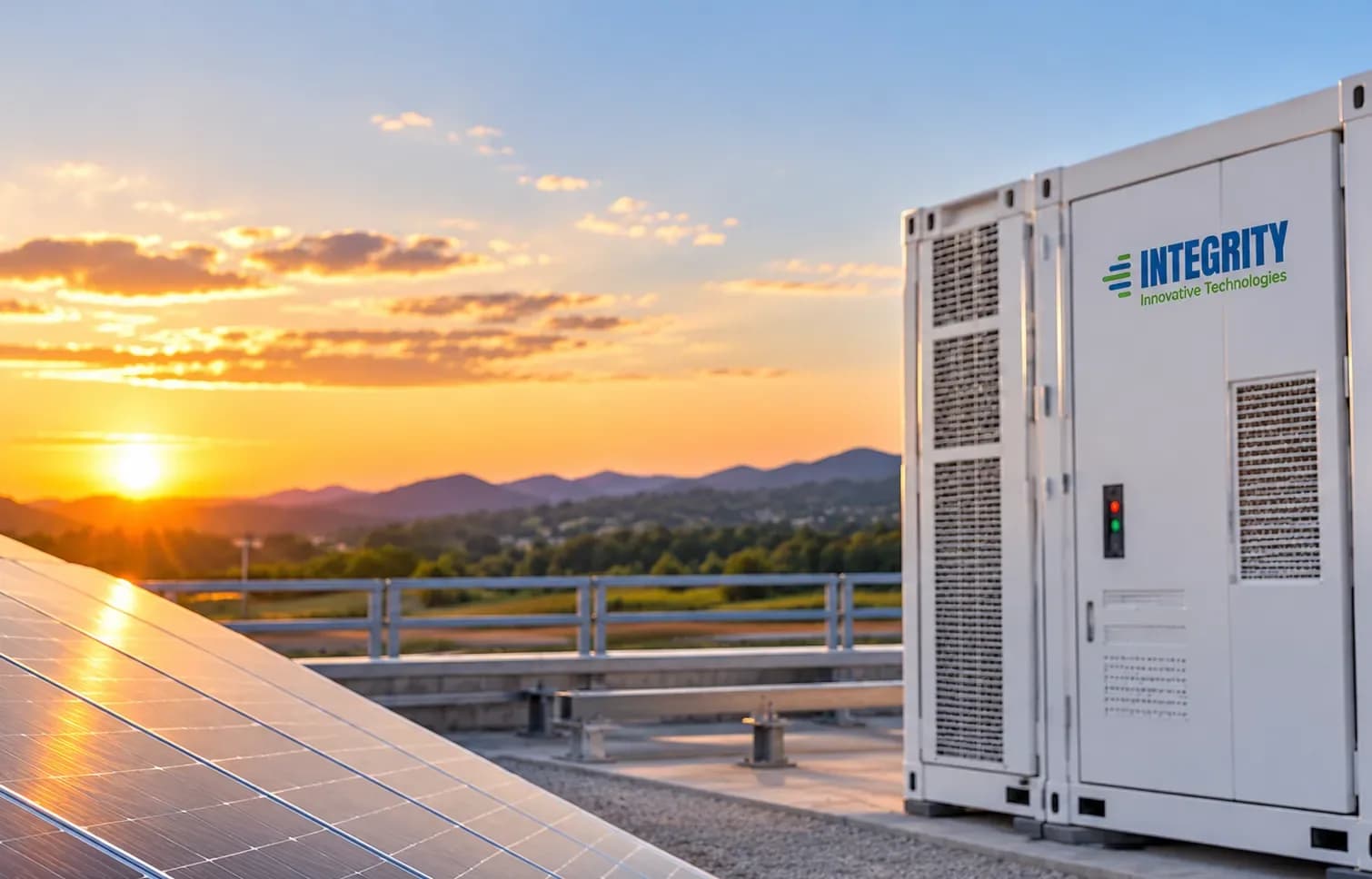 An Integrity battery storage cabinet beside rooftop solar panels at sunset