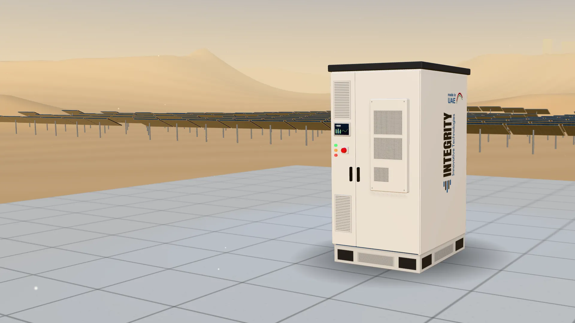 Integrity IntegriStore integrated battery cabinet on a lit stage